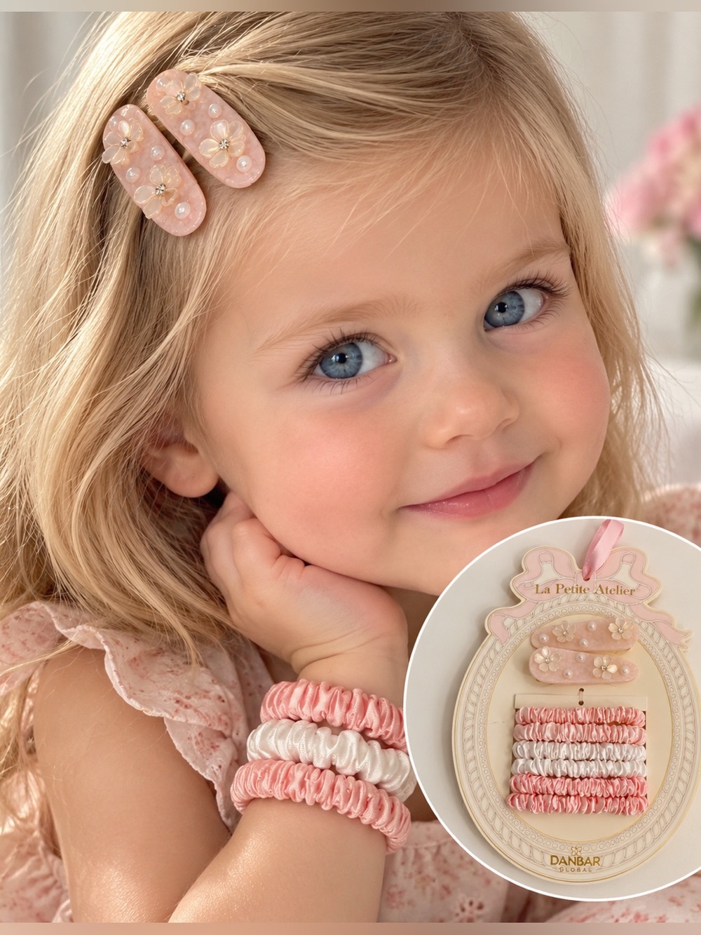 La Petite Atelier Pink Pearl Hair Clip & Scrunchie Set for Kids